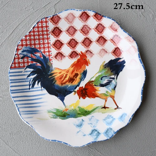 Idyllic style hand-painted rooster ceramic dish tableware Western flat plate steak salad snacks snacks dessert cake storage tray - Color: B