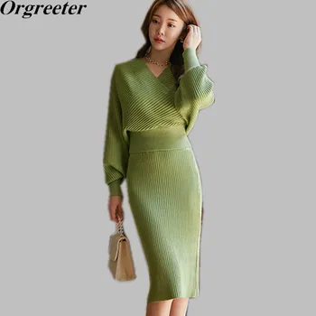 

Winter New Solid Color Graceful Women's Suit Thick V-neck Bat Loose Sweater and Sheath Pencil Bodycon Skirt Two Piece Set Women