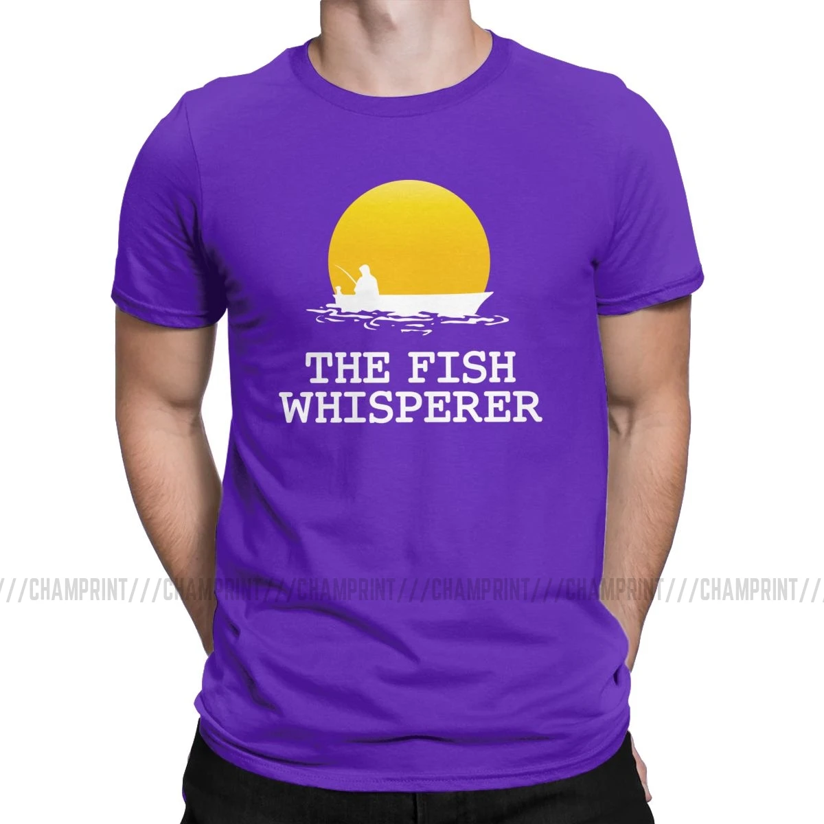 Для мужчин футболки рыба Whisperer Смешные натуральный хлопок Футболка короткий рукав Рыбалка смешные ботинки в рыбацком стиле; футболка с круглым вырезом Костюмы - Цвет: Фиолетовый