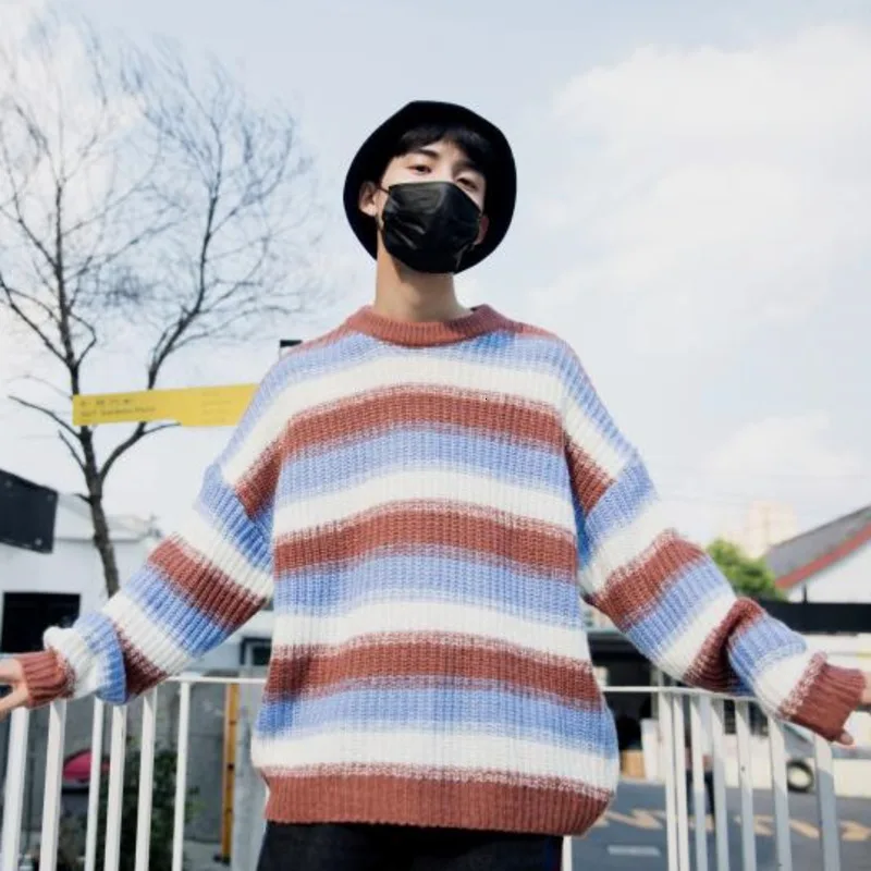 UYUK 2019 Autumn And Winter Models Wild Trend Loose Casual Striped Stitching Contrast Color Knit Round Neck Sweater UYUK 2019 Autumn And Winter Models Wild Trend Loose Casual Striped Stitching Contrast Color Knit Round Neck Sweater