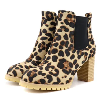 

Platform Keep Warm Snow Boots Women's Fashion Leopard Square High Heel Shoes Elastic Band Large Size Short Boots Winter Shoes