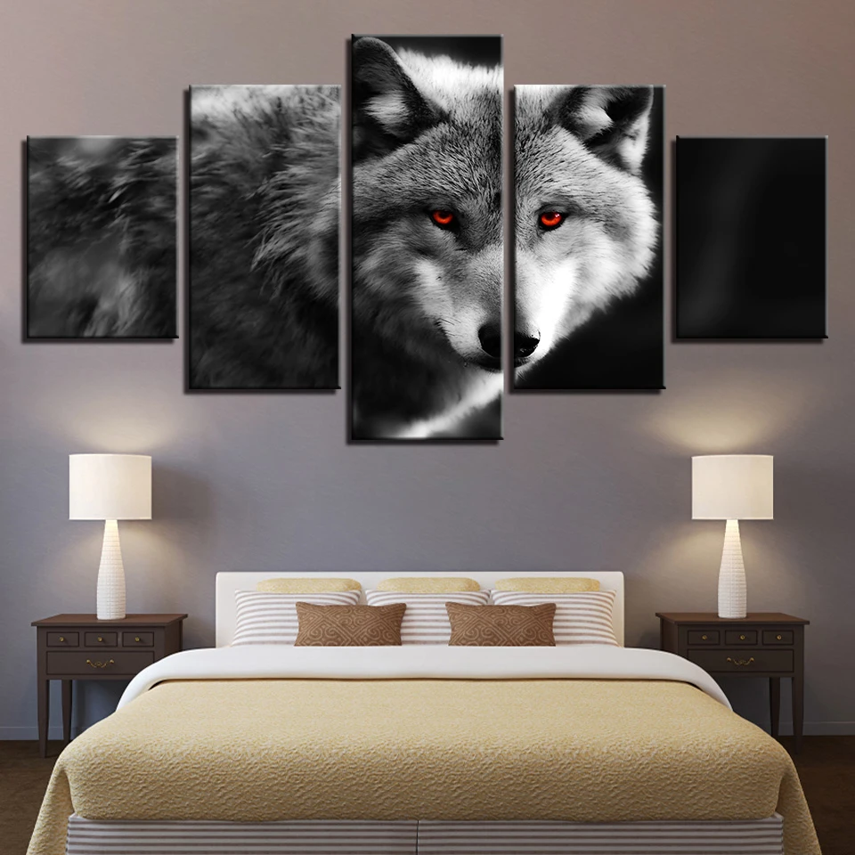 

Canvas HD Prints Pictures Framework For Living Room Home Decor 5 Pieces Red Eyed Wolf Paintings Modular Animal Posters Wall Art