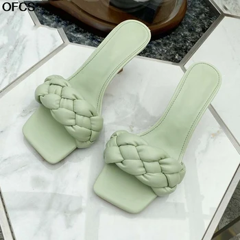 

Summer Outdoor Women Slipper Thin High Heels PU Leather Weave Ladies Sandals Square Toe Slip On Slides Flip Flop Shoes Women