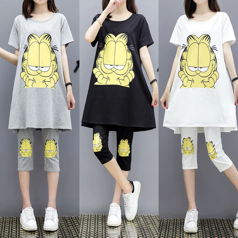 

2019 New Style Summer Mid-length Korean-style Slimming Cartoon Cat Pattern Tops Capri Maternity Pants Two-Piece Set