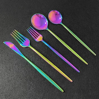 

5Pcs/Set Rainbow Cutlery Set Dinnerware Set 304 Stainless Steel Cutlery Set Knife Fork Spoon Tableware Wedding Silverware Set