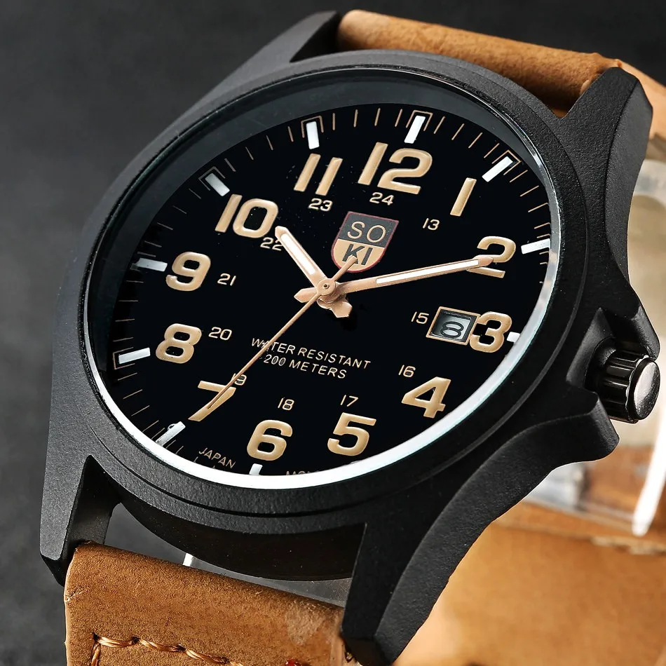 Брендовые спортивные военные часы, модные повседневные кварцевые часы с кожаным ремешком для мужчин, новинка, SOKI, Роскошные наручные часы, часы для мужчин