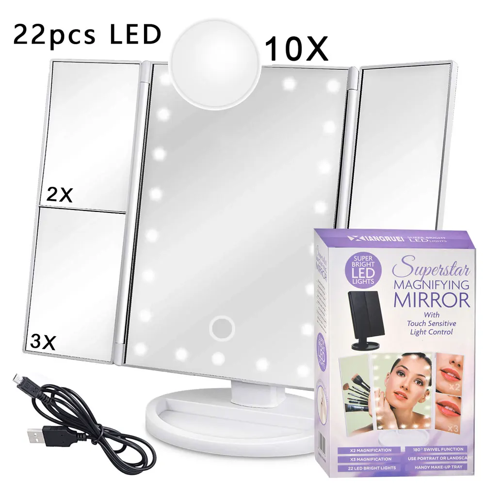 Прямая 22 светодиодный светильник s iPhone макияж зеркало с подсветкой led лампа 10X лупа USB батареи Карманный ручной косметическое зеркало мини Стекло Зарядное устройство Make Up светильник - Цвет: Pro Mirror White