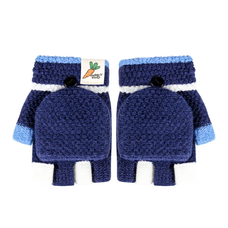 Зимние Детские теплые перчатки для начальной школы, кашемировые вязаные с откидной крышкой, наполовину пальчиковые рукавицы Мультфильмы для детей, мальчиков и девочек от 3 до 6 лет - Цвет: Тёмно-синий