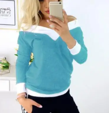 Sky blue Женские хлопковые футболки с длинным рукавом, сексуальные футболки с v-образным вырезом и открытыми плечами, Модные осенние розовые серые черные футболки, белые Лоскутные Топы - Цвет: Sky blue