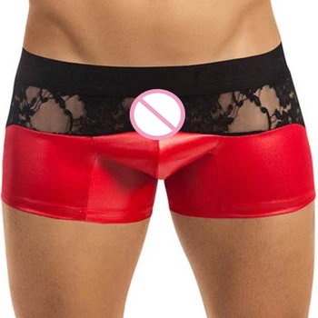 

Sexy Male Faux Leather Boxer Shorts Trunks Black Red PU Short Pants Underpants Men's Underwear with Lace Transparent Boxershorts