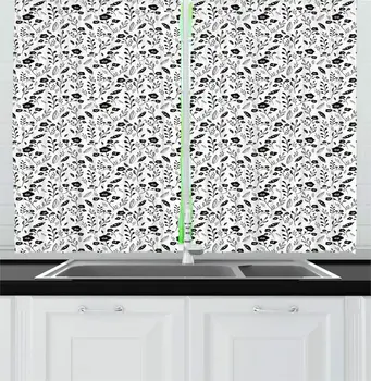 

Charcoal Grey White Floral Kitchen Curtains Monotone Doodle Style Flowers Peas Leaves Branches Drawn by Hand Window Drapes