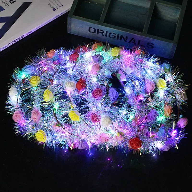 Женский Детский светодиодный светильник в виде цветочной короны, блестящий светоотражающий венок из мишуры, повязка на голову, светящийся головной убор для рождества, праздника, вечеринки