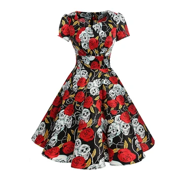 

Halloween Sexy Scary Cosplay Cotume Women Carnival Party Day of The Dead Horror Retro Skull Print Suqare Collar Umbrella Dress