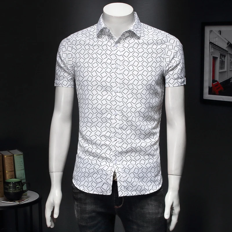 Fashion White Shirt Korean Style Men Social Geometric Short Sleeve Slim Fit Male Casual Dress Shirts | Мужская одежда