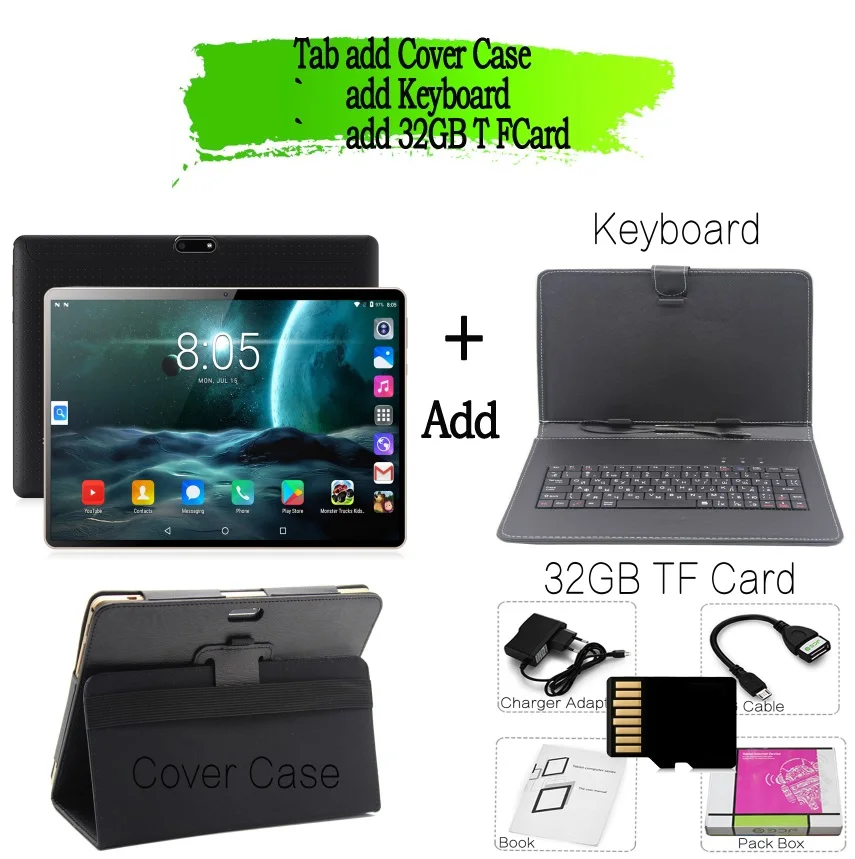 Keyboard 32G TF Case Планшетный ПК 10 дюймов Octa Core 3g Телефонный звонок Google Рынок gps, Wi-Fi, FM, Bluetooth 10,1 Планшеты 4G+ 64G Android 7,0 tab - Комплект: Keyboard 32G TF Case