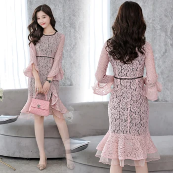 

Lace Dress For Women Trumpet Ladies Dresses Flare Sleeve Women's Summer Sundress Mermaid Korean Dress Vestidos De Fiesta
