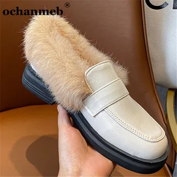 

2021 Autumn Winter Real Rabbit Fur Flats Women Platform Thermal Warm Shoes Creepers Woman Girl Big Size 46 Slip ons Casual Shoes