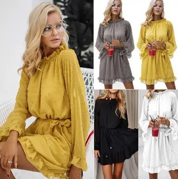 

WEPBEL Ruffles Mini Dress Women Solid Color Full Sleeve New Summer Spring O Neck Ladies Mini Dress