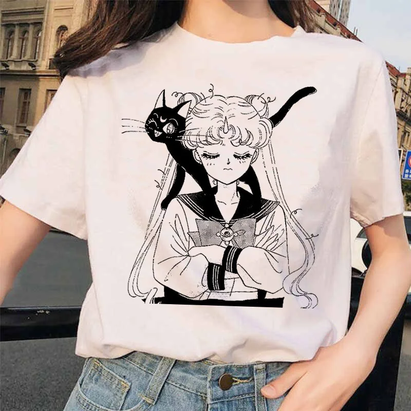 Sailor Moon 90s забавная футболка кофта с капюшоном футболка Эстетическая кошка аниме Женская Милая футболка Kawaii тройники мода Ullzang