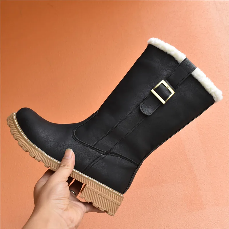 Odetina Women Round Toe Slip On Keep Warm Block Low Heel Mid Calf Boots Lady Buckle Strap Platform Thick Fur Winter Snow Boot