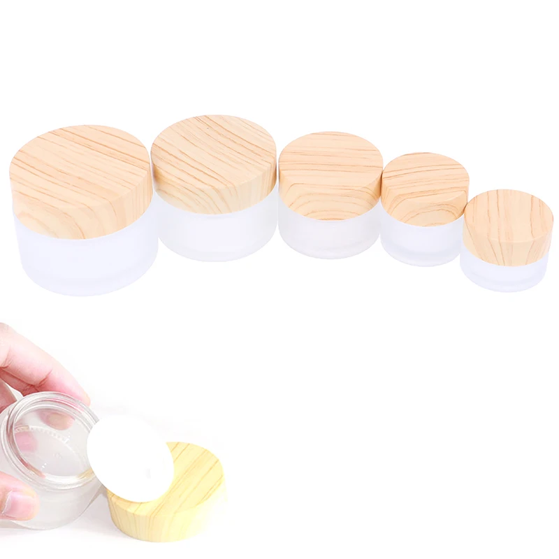 

1/5PC Frosted Glass Jar Skin Care Eye Cream Jars Pot Refillable Bottle Cosmetic Container With Wood Grain Lid 5g 10g 15g 30g 50g