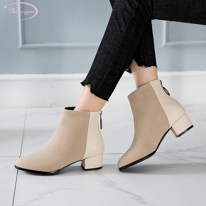 

Party style comfortable flock round toe ankle boots fashion zipper color matching black beige medium heel chunky women's shoes