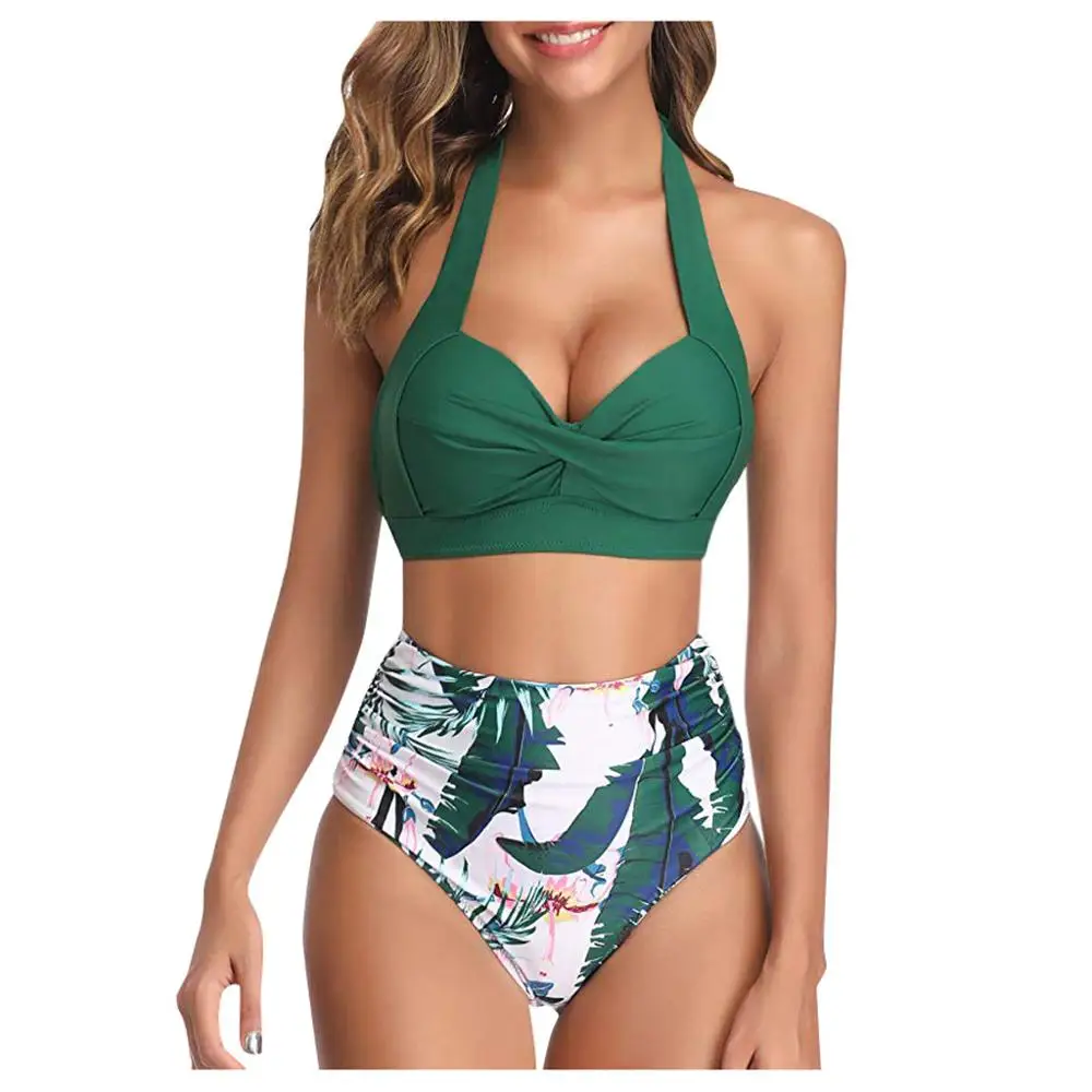 

Summer Women Vintage Swimsuit Two Piece Bikini Sets Retro Halter Ruched High Waist Print Bikini Set Bathing Suits New 2019