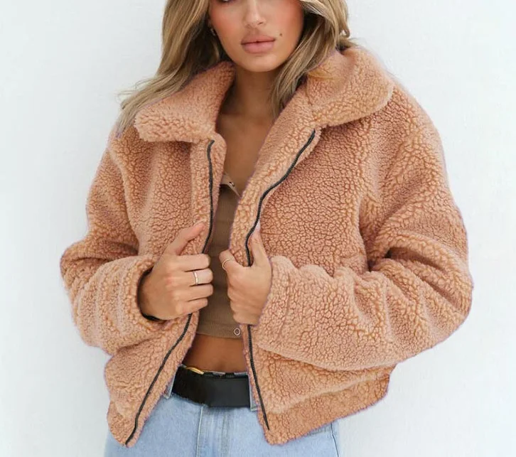 2020 Imitation Lamb Fur Camel Coat Warm Lapel Soft Plush Short Women Pocket Leisure In Autumn/Winter | Женская одежда