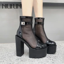 Bottes femme NIUFUNI Round Toe Women's Ankle Mesh Boots Sexy Slim Zipper Platform High Heels Model Shoes For Women Botas mujer gdgydh air mesh sexy high heels boots women fetish model shoes white wedding shoes bride platform shoes zipper black punk gothic