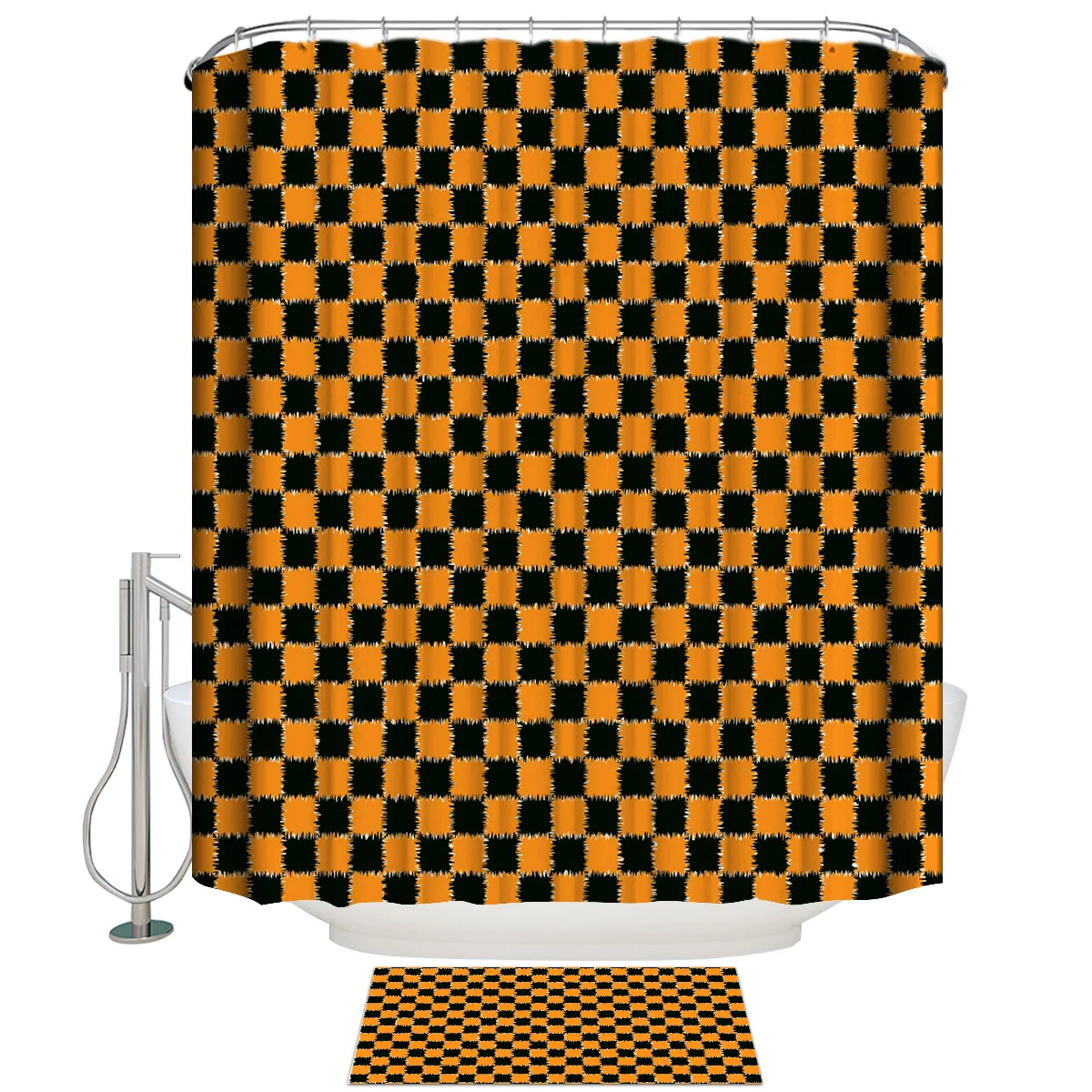

Modern Ethnic Lattice Shower Curtain Suit Non-Slip Floor Doormat Bath Rugs
