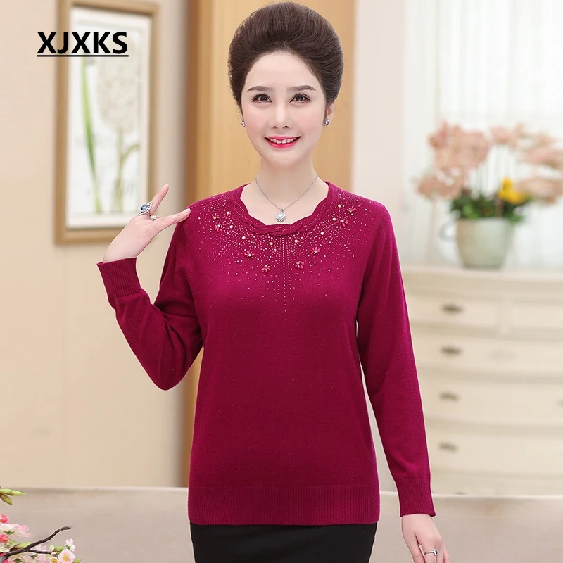 Rose Red XJXKS/Новинка, осенне-зимний женский свитер, уникальный воротник, пуловер, украшенный бисером, женские элегантные свитера, топы больших размеров - Цвет: Rose Red