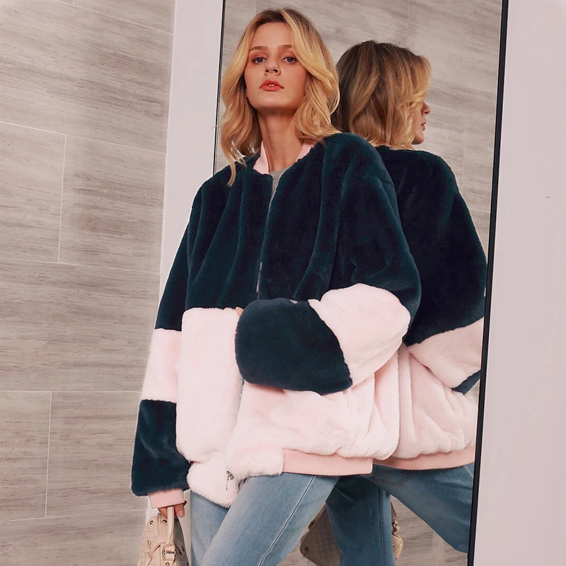 

Fashion Contrast Color Faux Fur Coat Female Pink Blue Patchwork Autumn Winter Zipper Jacket Casual O-Neck Loose Coats Outwear