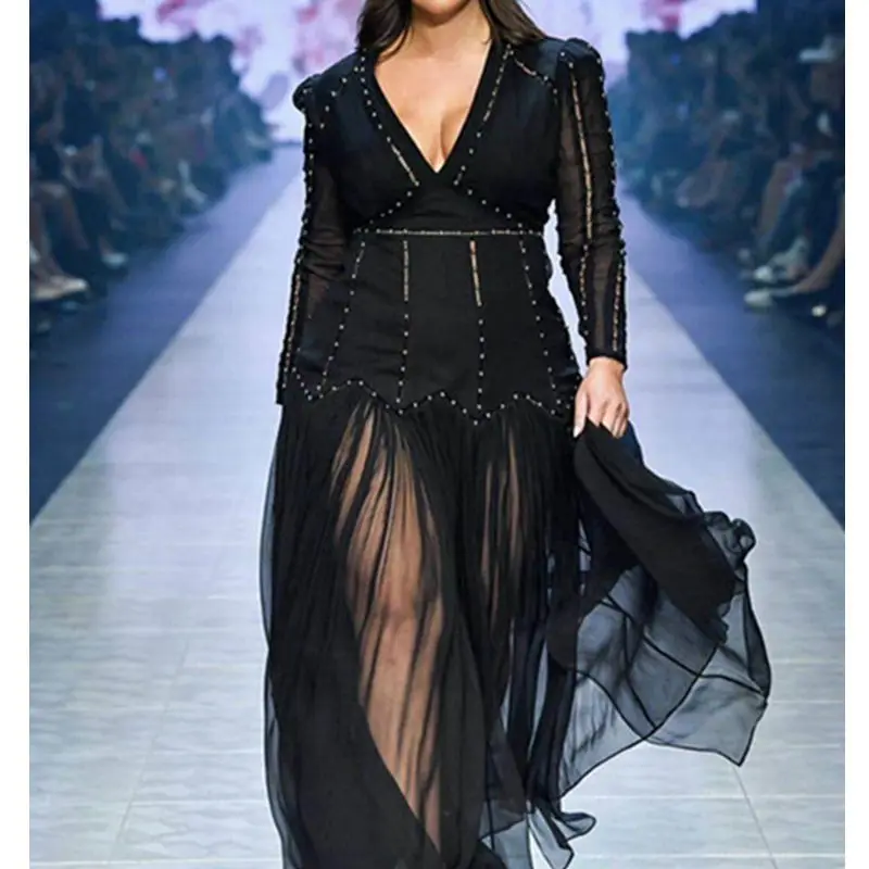 

Autumn Runway Beading Patchwork Dress Women V Neck Hollow Out High Waist Hem Chiffon Sexy Long Dresses 2019 New