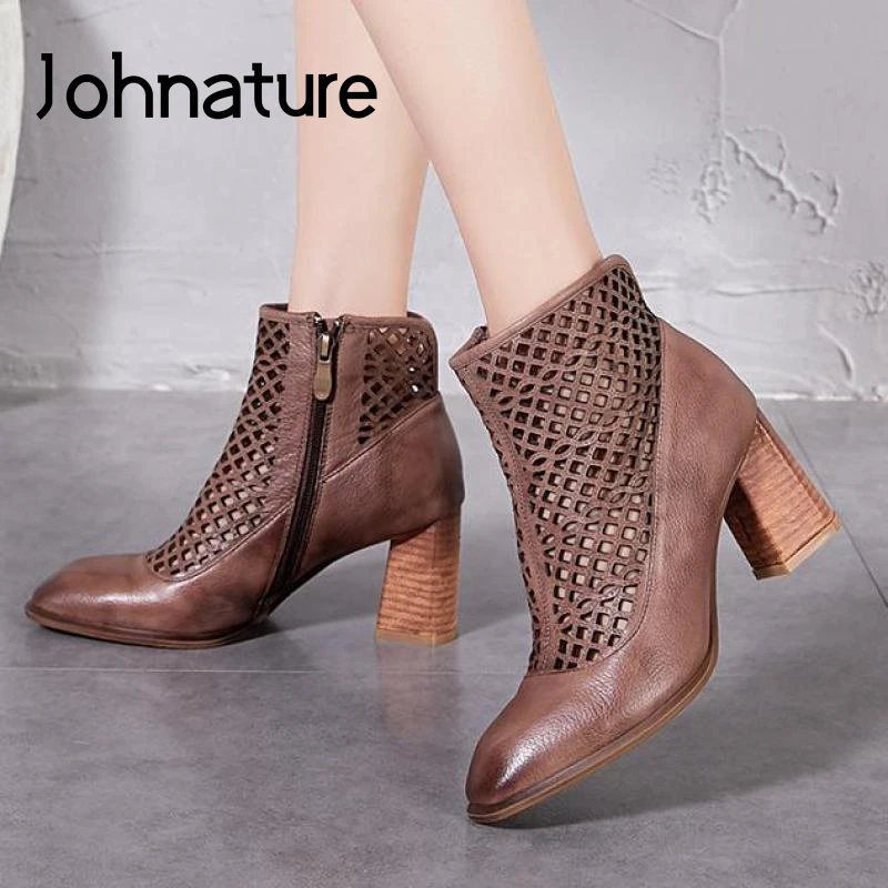 

Johnature High Heels Sandals 2020 New Spring Summer Retro Genuine Leather Women Shoes Zip Casual Ladies Concise Sandals Boots