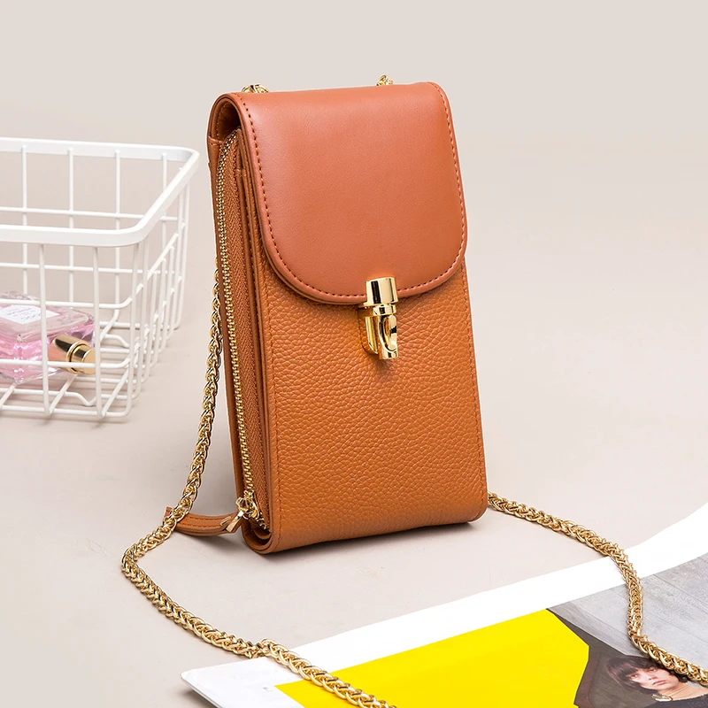 

2019 Hot Genuine Leather Women Cell Phone Bag Female Soft Small Flap Purse Ladies Famous Mini Crossbody Bags Chain Shoulder bag