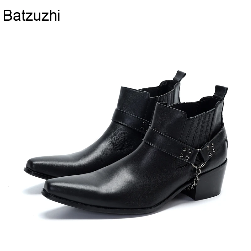 Batzuzhi New Design Men's Boots Black Genuine Leather Boots Men With Chains 6.5cm High Heels Motorcycle Zapatos Hombre, 38-46