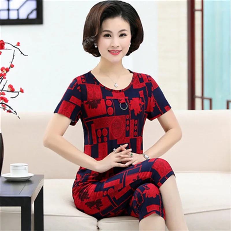 

Костюм для женщин среднего и пожилого возраста, летнее платье, Повседневная футболка с коротким рукавом и принтом, штаны, комплекты из двух предметов, A80