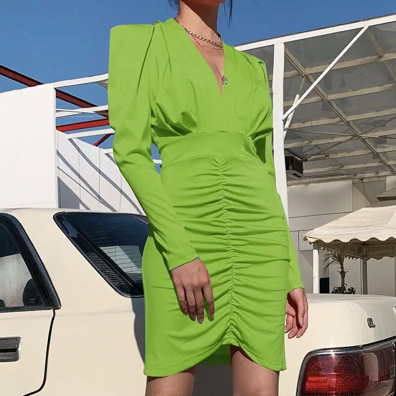 01 Green Elsvios, осенне-зимнее Пышное Платье с длинным рукавом, сексуальное женское вечернее платье с v-образным вырезом, элегантное Плиссированное Платье для офиса, Bdoycon, Vestidos - Цвет: 01 Green