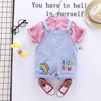 

Fashion Baby Clothes Summer Boys Girl plaid T Shirt rainbow Bib Pants 2pcs/sets Infant Costume Kids Garment Children Sport Suits