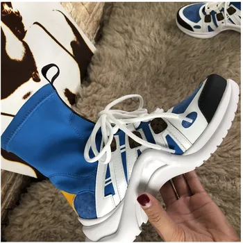 

Blue Black Stretch Fabric With Leather Archlight Ultra Fashion Booties Chunky Heels Women Boots Sneakers For Women's