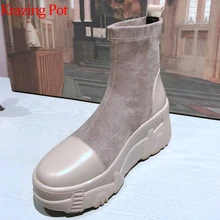 krazing pot superstar genuine leather flock high heel round toe patch work thick bottom slip on stretch mid-calf boots l81