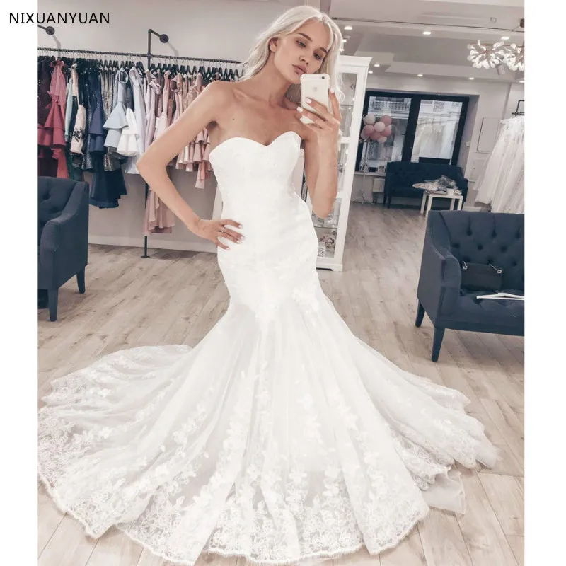 

Long Mermaid Wedding Dresses Elegant Real Sweetheart Sleeveless Applique Lace Wedding Gowns Bride Dress Back Lace-up