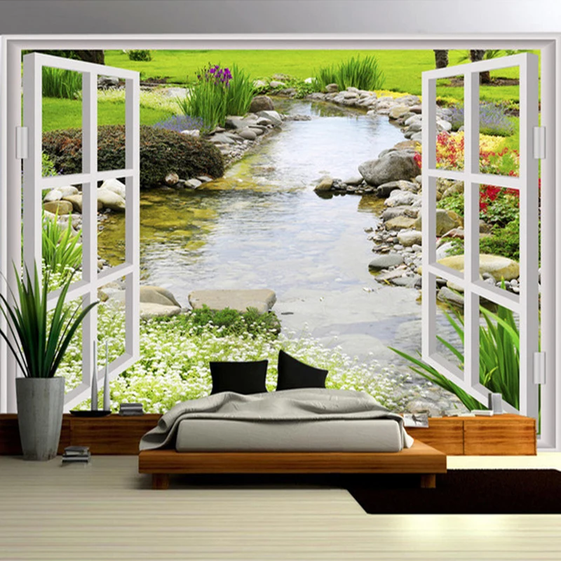 Custom-Wall-Mural-Wallpaper-Modern-Simple-3D-Window-Garden-Small-River-Flower-Grass-Fresco-Living-Room