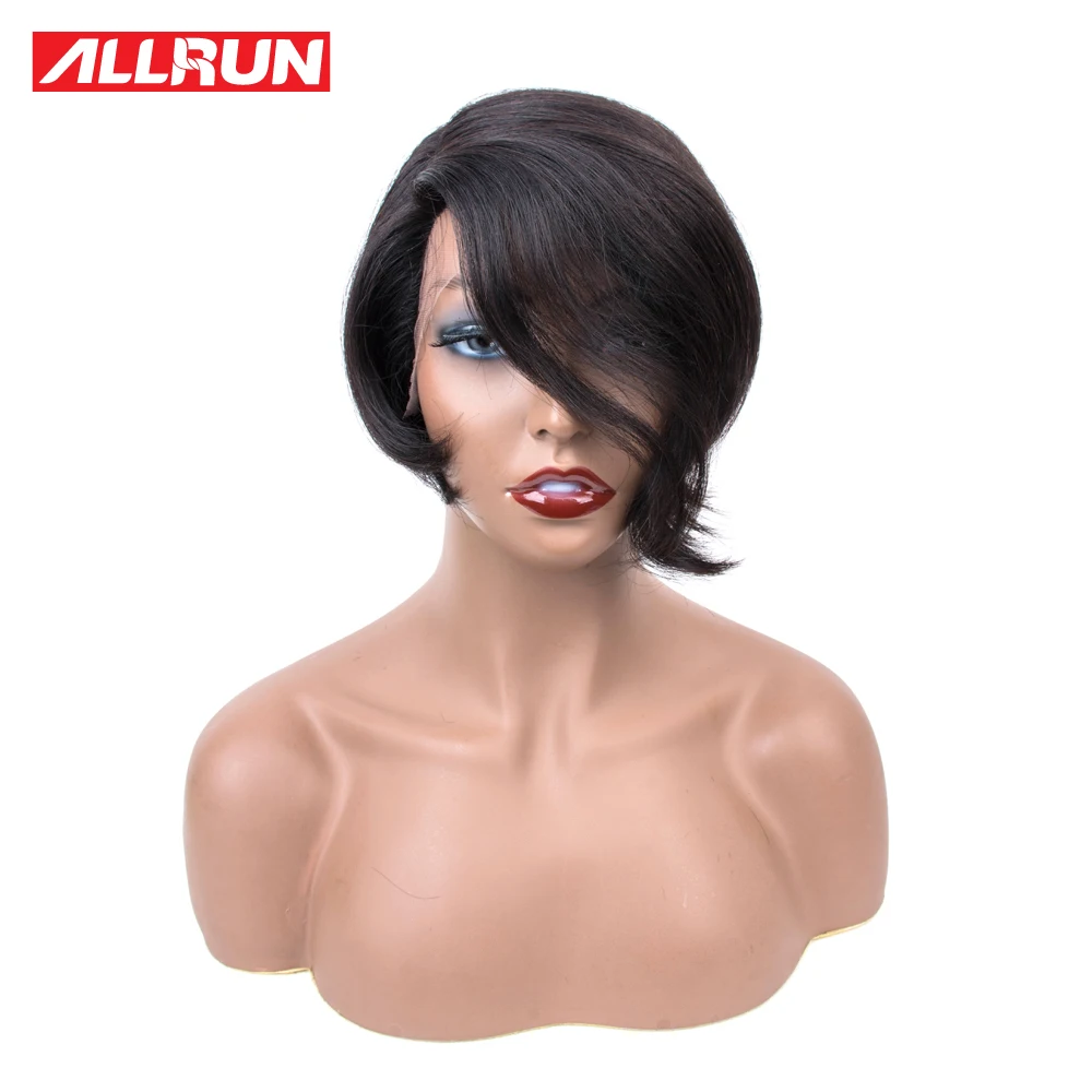 Allrun Human Hair Wig Non Remy Short Bob For Black Women Brazilian Wigs Side Part Lace Straight Natural Color | Шиньоны и парики