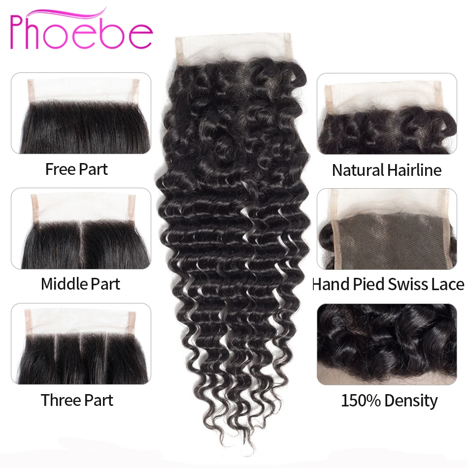 Phoebe глубокая волна бразильские волосы 3 пряди с закрытием человеческие волосы для черных женщин "-28" низкое соотношение не Реми натуральный цвет