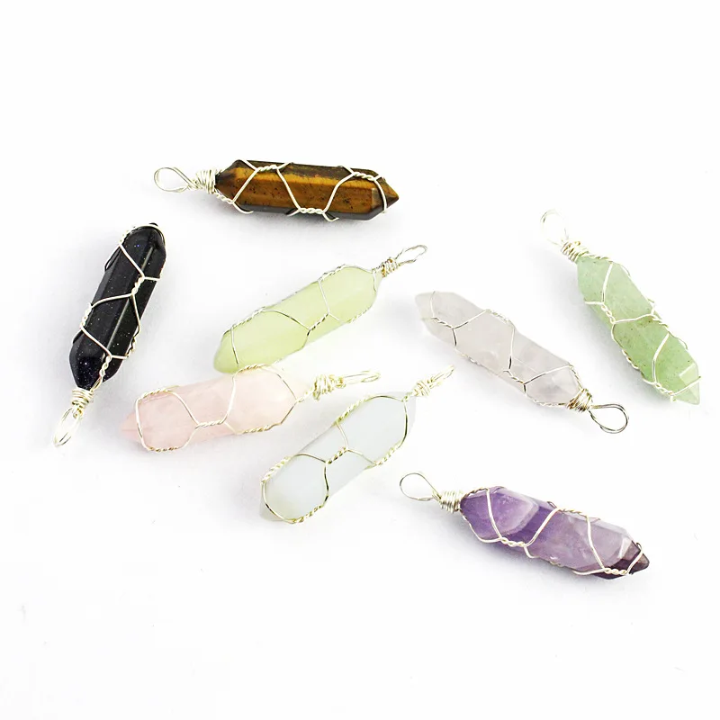 Natural Stone Wire Wrap Hexagonal Opal Amethysts Pink Quartz Crystal Chakra Reiki Healing Pendants Necklace Jewelry Making