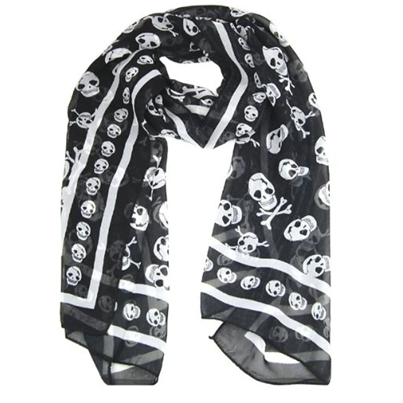 Черная шифоновая шелковая шаль с принтом черепа, модный длинный шарф шаль, женская накидка + брелок