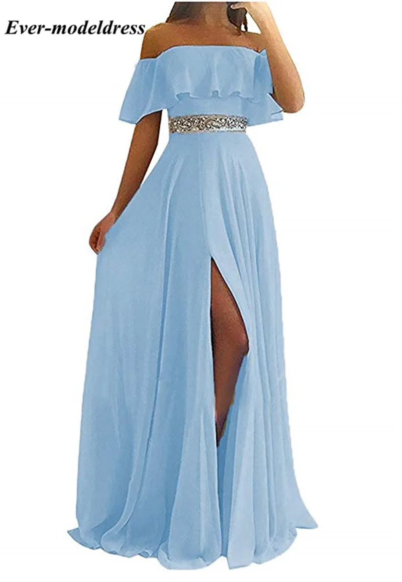 Небесно-голубое шифоновое платье для выпускного вечера, длинное с разрезом, с открытыми плечами, с бисером, с поясом, вечерние платья Gala Jurken - Цвет: Light Sky Blue