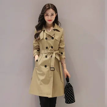 

2020 New Style Spring And Autumn Solid Color Slimming Double Breasted Mid-length Women's Windbreaker Coat