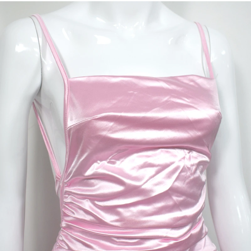 NewAsia Garden Backless Sexy Dress Women Summer Spaghetti Straps Slash Neck Bodyocn Dress Pink Ruched Dress Short Ropa Mujer